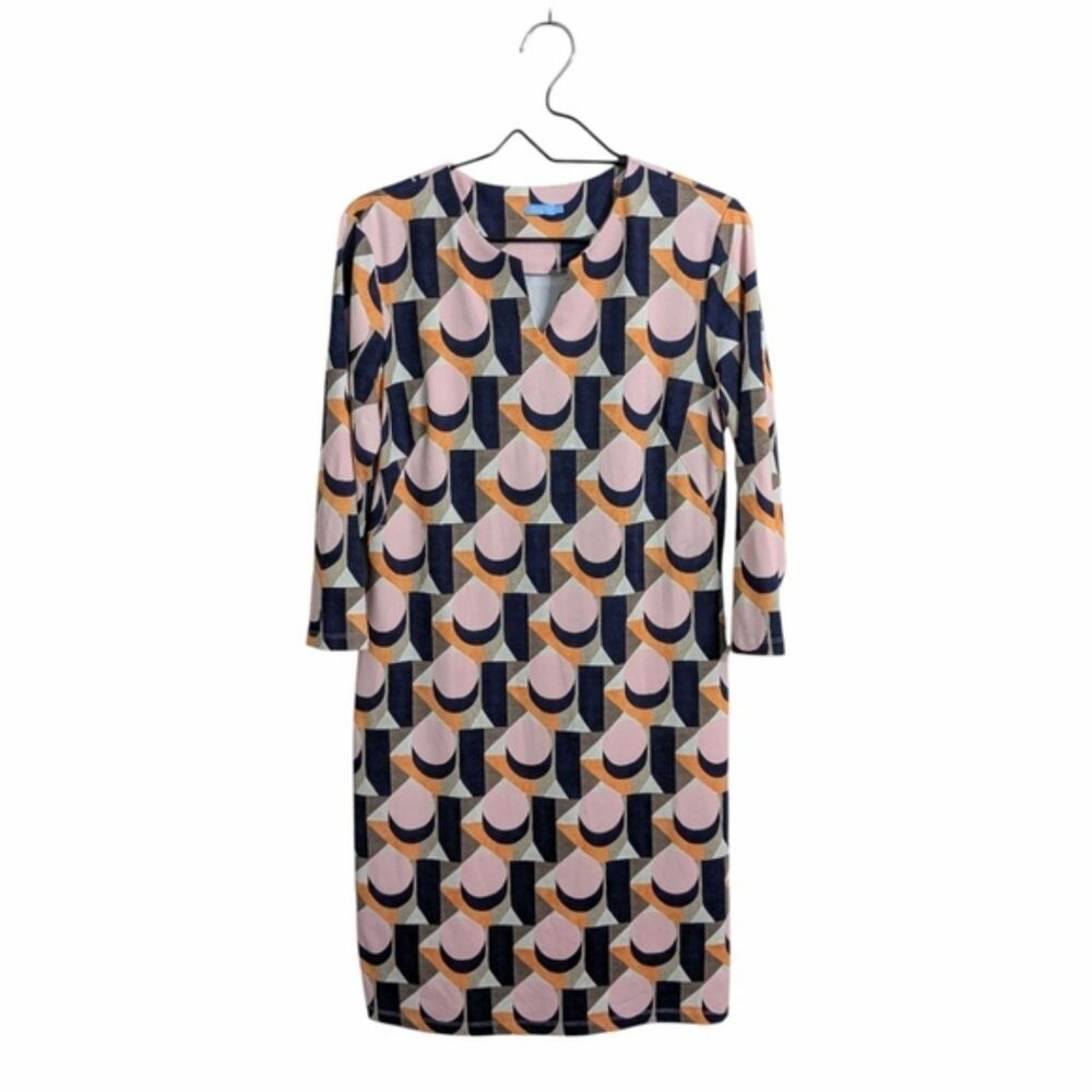 J.McLaughlin Catalina Cloth Carly Shift Dress Size L Geo Print Pink 3/4 Sleeve